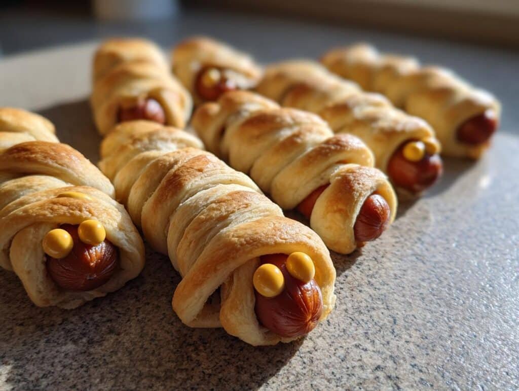 A row of delicious Mummy Hot Dogs wrapped in golden pastry with candy eyes, ready for a spooky treat.
