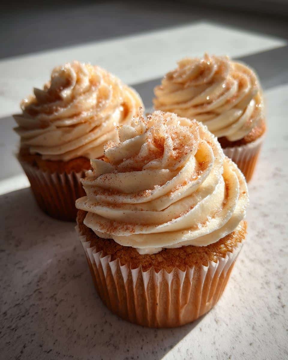 Three New Year’s Eve Champagne Cupcakes topped with creamy frosting and a sprinkle of cinnamon.