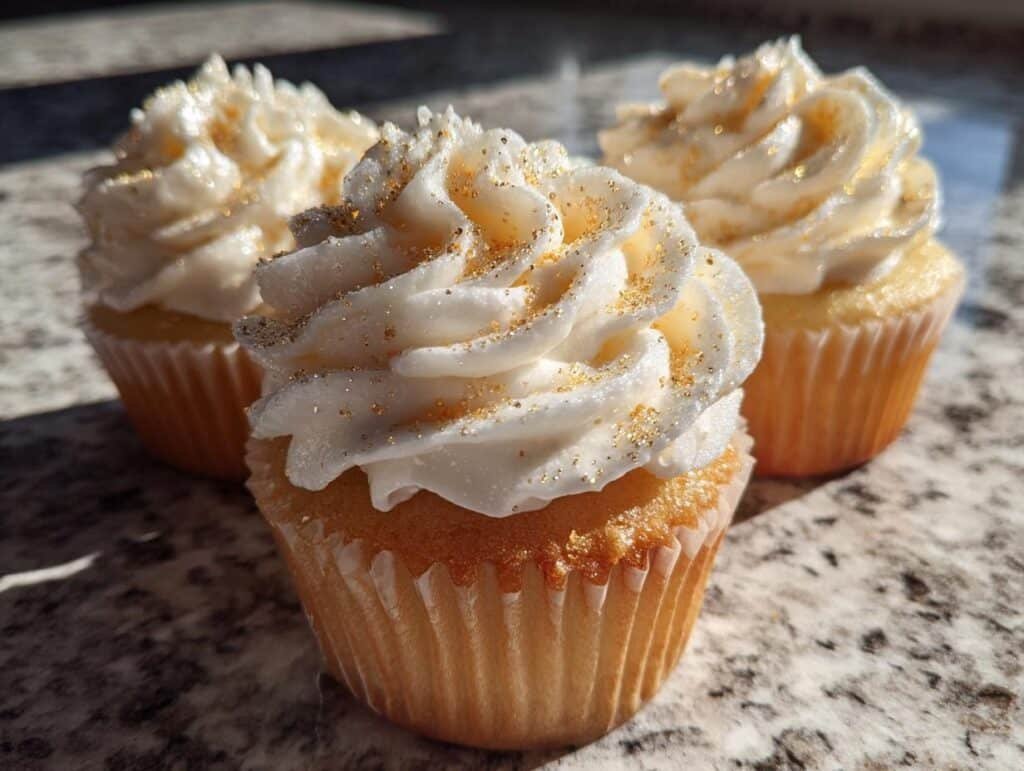 Three New Year’s Eve Champagne Cupcakes topped with white frosting and gold edible glitter.