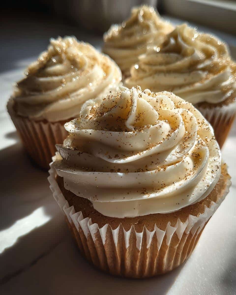 Close-up of New Year’s Eve Champagne Cupcakes topped with creamy frosting and edible gold glitter.