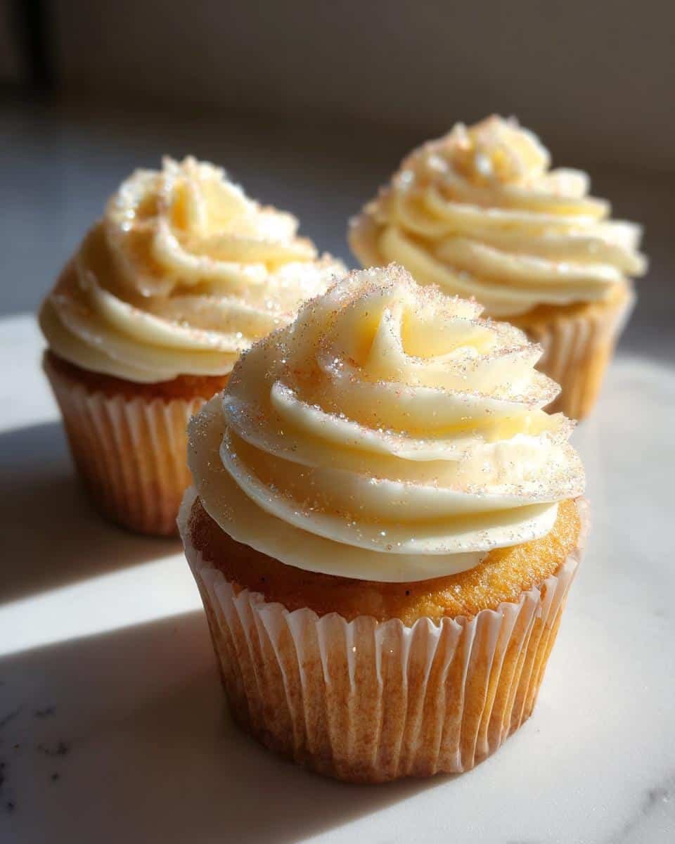 Three New Year's Eve Champagne Cupcakes topped with creamy frosting and edible glitter.