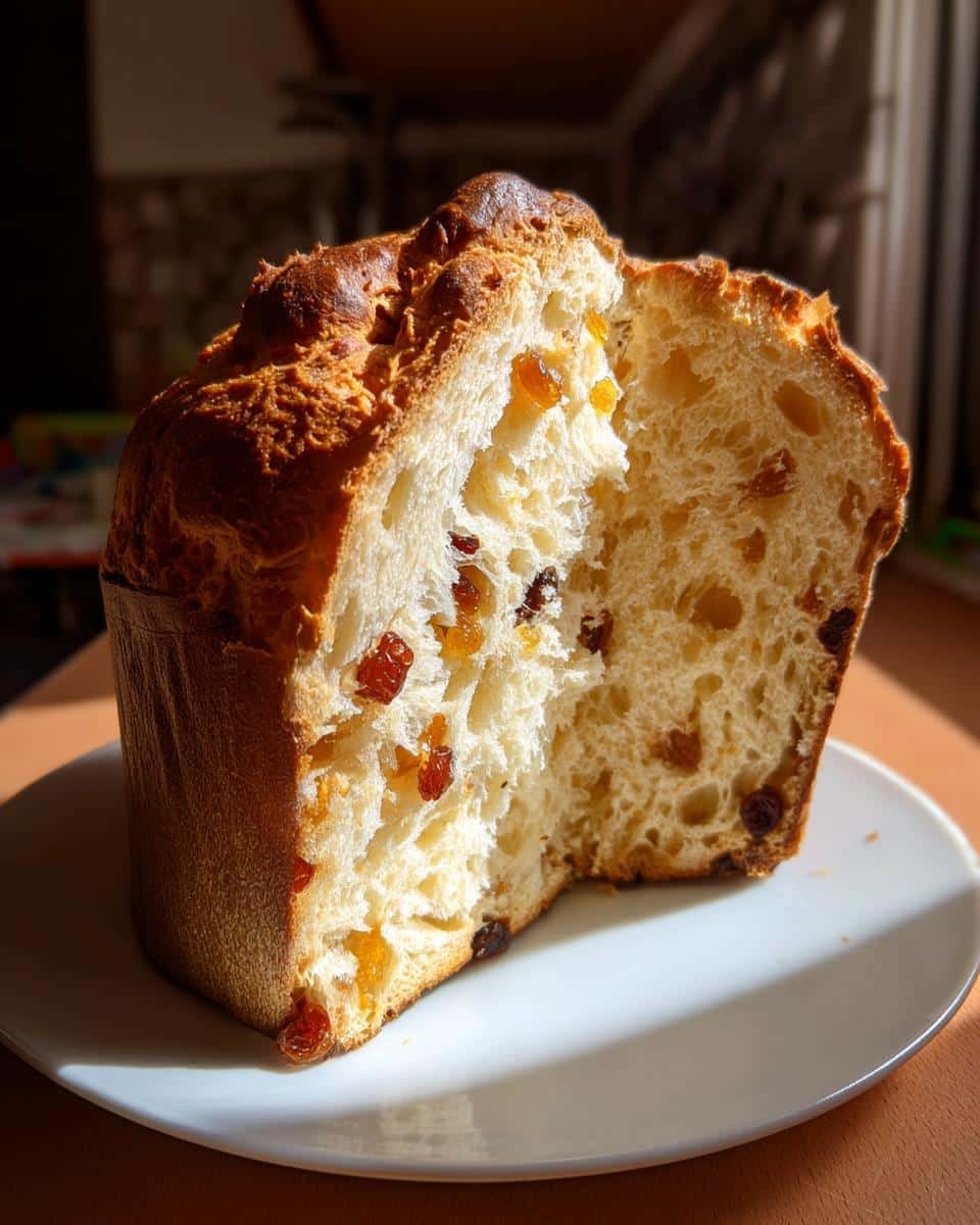 A slice of homemade Panettone, a sweet Italian bread, filled with golden raisins and candied fruit.