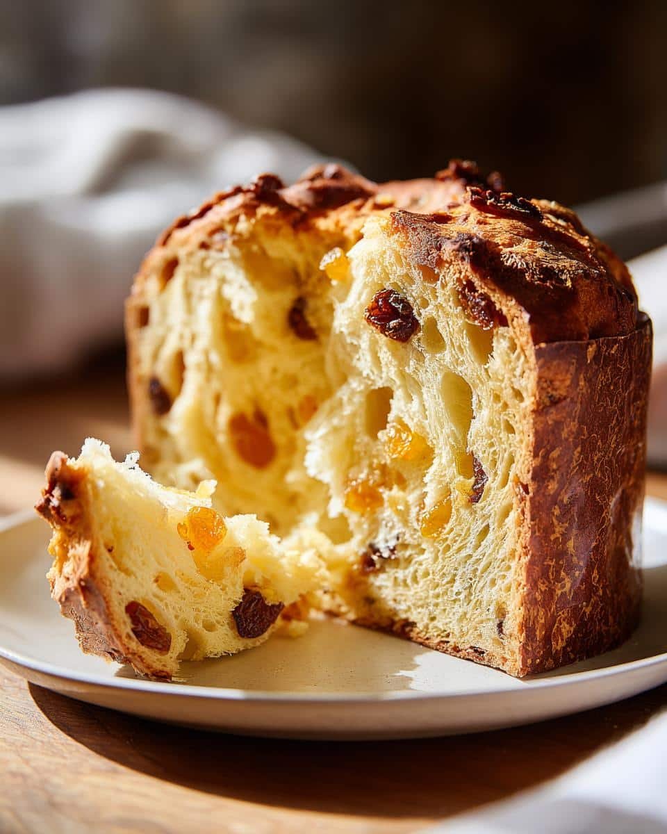 A slice of fluffy Panettone bread filled with raisins and candied fruit, served on a plate.
