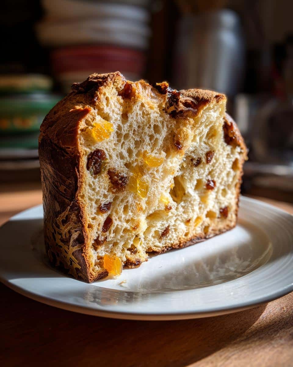 A close-up of a slice of Panettone on a white plate, showing its fluffy texture and embedded raisins and candied orange peel.
