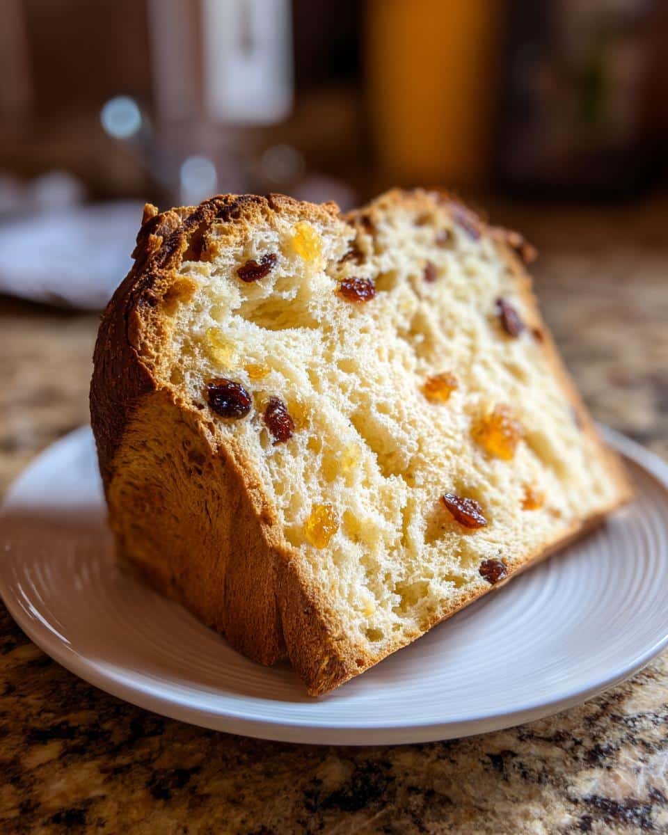 A close-up of a slice of Panettone on a white plate, showing its fluffy texture and candied fruit.