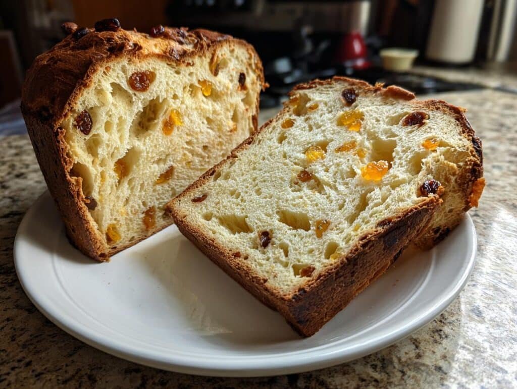 Close-up of sliced Panettone on a white plate, showing its fluffy interior with raisins and candied orange peel.