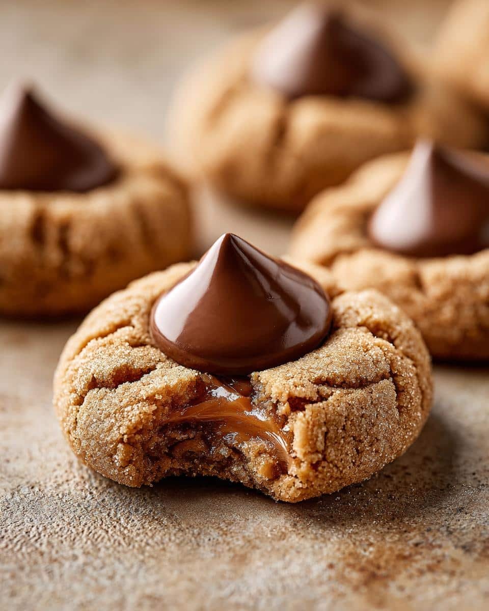Close-up of a Peanut Butter Blossoms cookie with a bite taken out, revealing a gooey caramel center and a chocolate kiss on top.