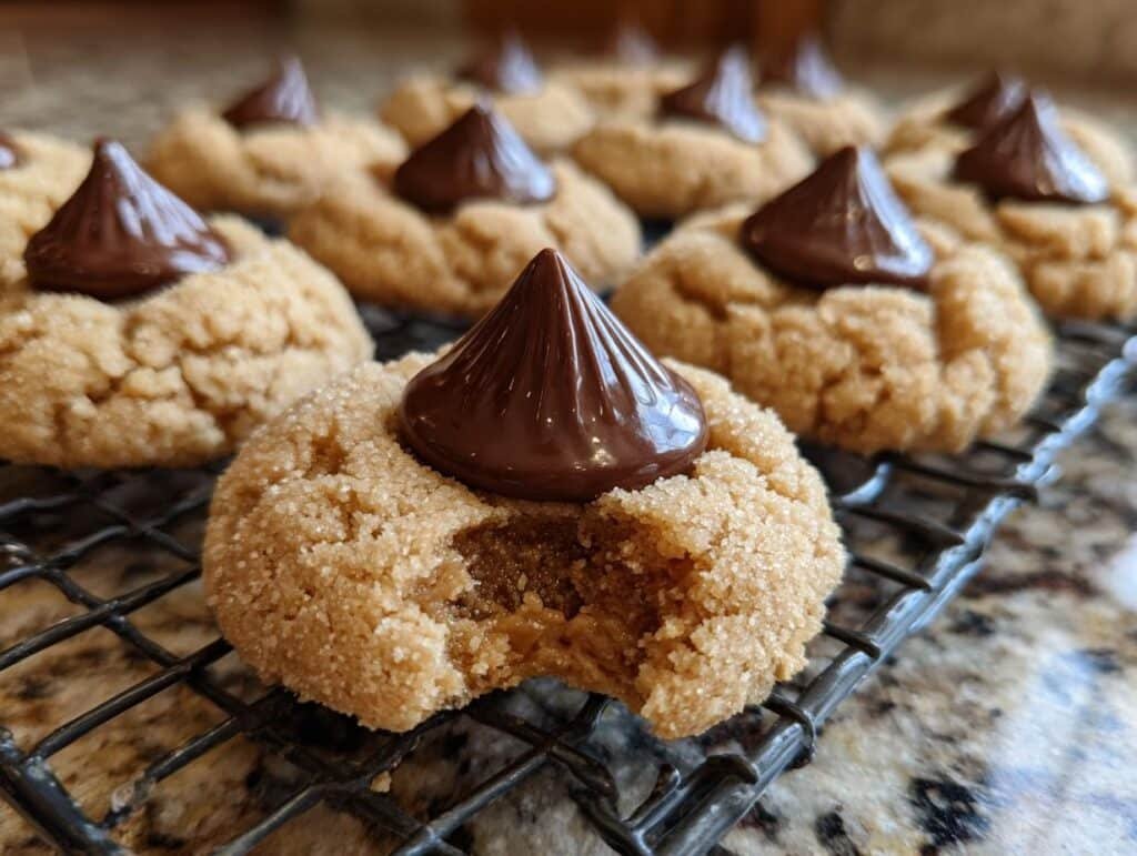 Close-up of a delicious Peanut Butter Blossom cookie with a bite taken out, topped with a chocolate kiss.