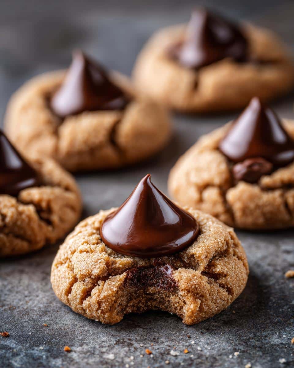 Close-up of a Peanut Butter Blossoms cookie with a bite taken out, showing the chocolate kiss and peanut butter cookie texture.