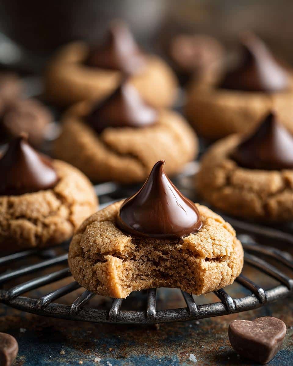Close-up of a delicious Peanut Butter Blossoms cookie with a bite taken out, topped with a chocolate kiss.