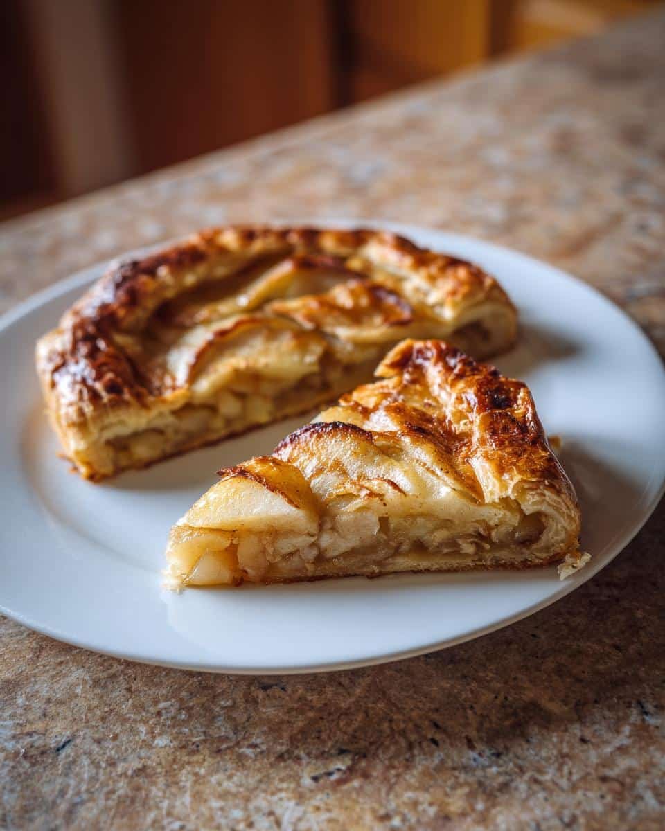 Two slices of golden-brown Pear and Apple Galette on a white plate, showcasing flaky pastry and tender fruit filling.