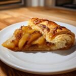 A close-up of a slice of Pear and Apple Galette on a white plate, showcasing flaky pastry and caramelized fruit.