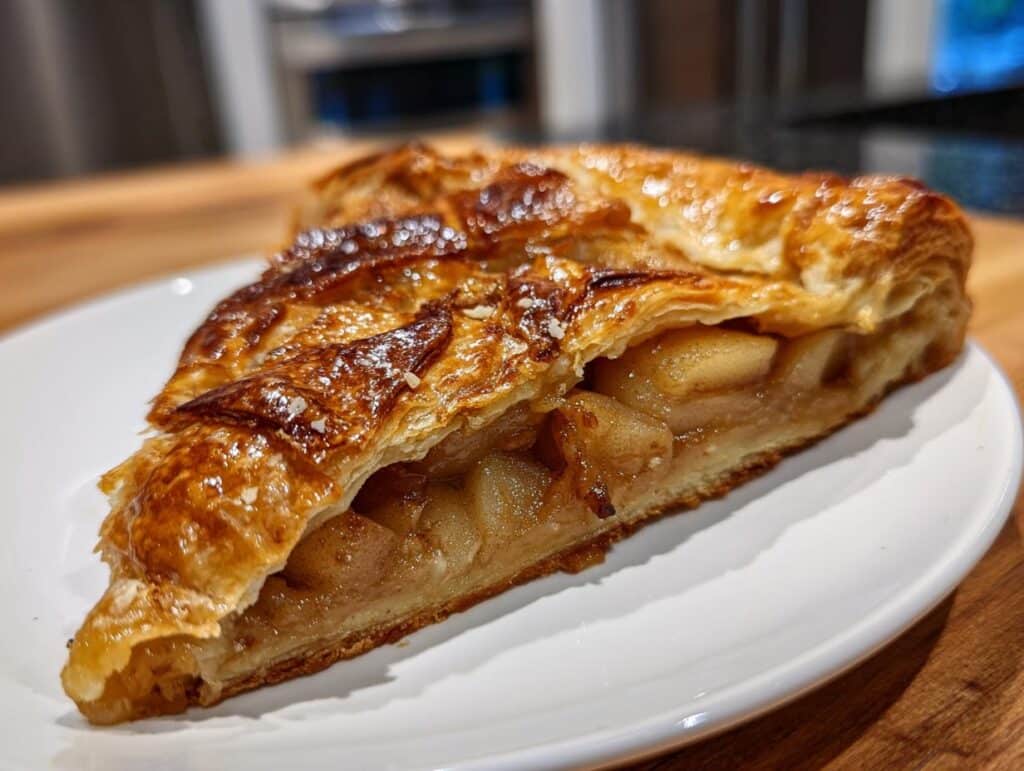 A close-up of a golden-brown slice of Pear and Apple Galette on a white plate.