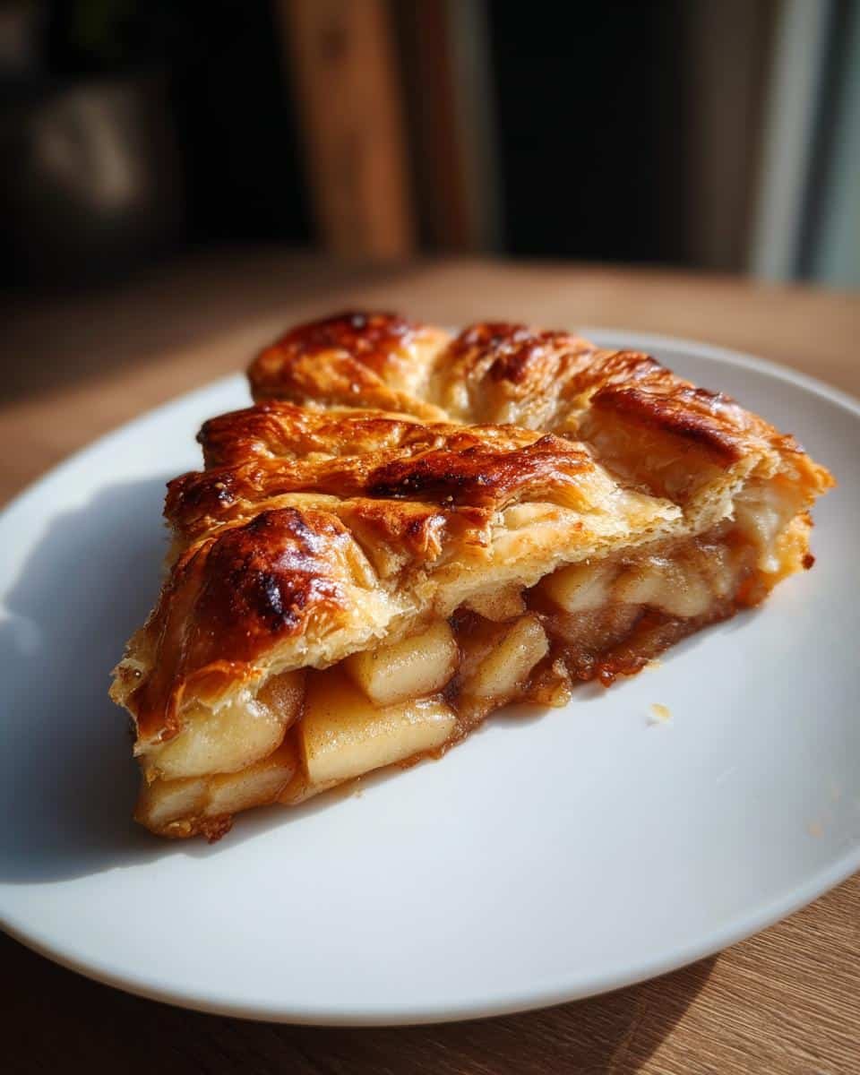 A golden-brown slice of delicious Pear and Apple Galette on a white plate, showcasing flaky pastry and tender fruit filling.