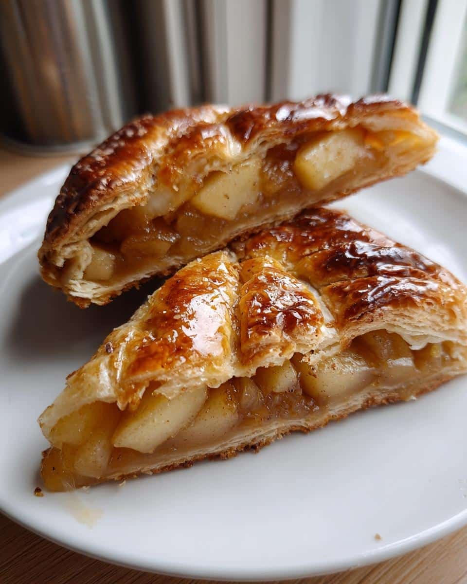 Two slices of a golden-brown Pear and Apple Galette on a white plate, revealing a flaky crust and fruit filling.