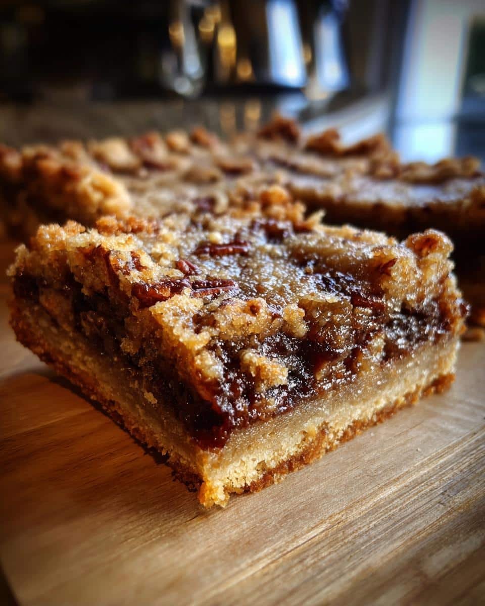 A close-up, angled shot of a perfectly baked Pecan Pie Bar on a wooden surface, showcasing its layers.