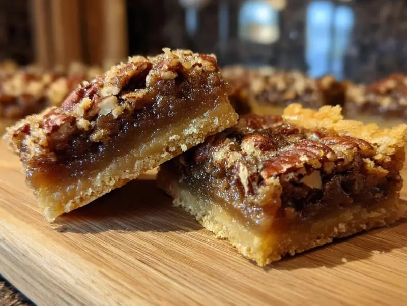 Close-up of two Pecan Pie Bars stacked, showcasing a golden crust, gooey filling, and crunchy pecans.