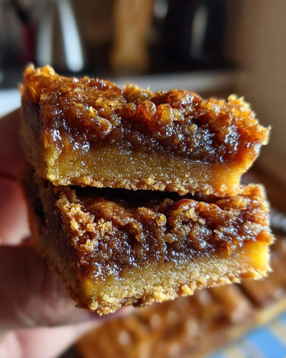 Close-up of two Pecan Pie Bars stacked, showing the flaky crust and gooey pecan filling.