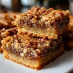 Close-up of two stacked Pecan Pie Bars, showcasing the gooey filling and nutty topping.