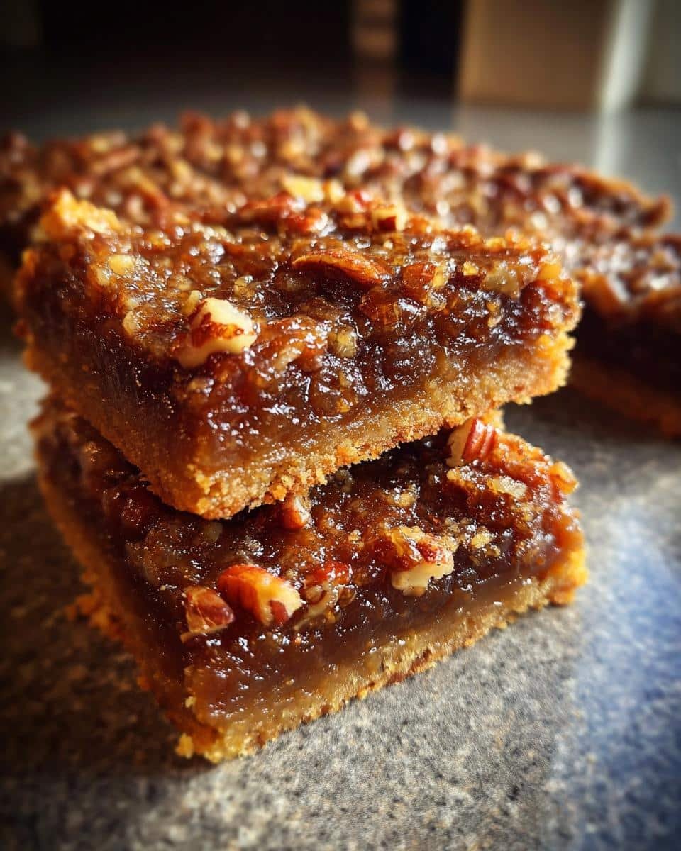 Close-up of two stacked Pecan Pie Bars, showcasing the gooey filling and pecan pieces on a textured surface.