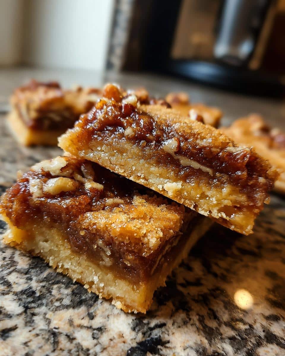 Close-up of two stacked Pecan Pie Bars, showing the rich, gooey filling and crumbly crust.