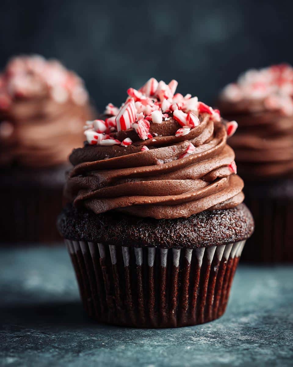 Close-up of a rich chocolate cupcake topped with chocolate frosting and crushed candy canes, part of a Peppermint Mocha Cupcakes recipe.