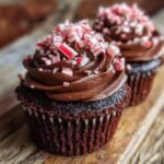 Close-up of a delicious Peppermint Mocha Cupcake topped with chocolate frosting and crushed candy canes.