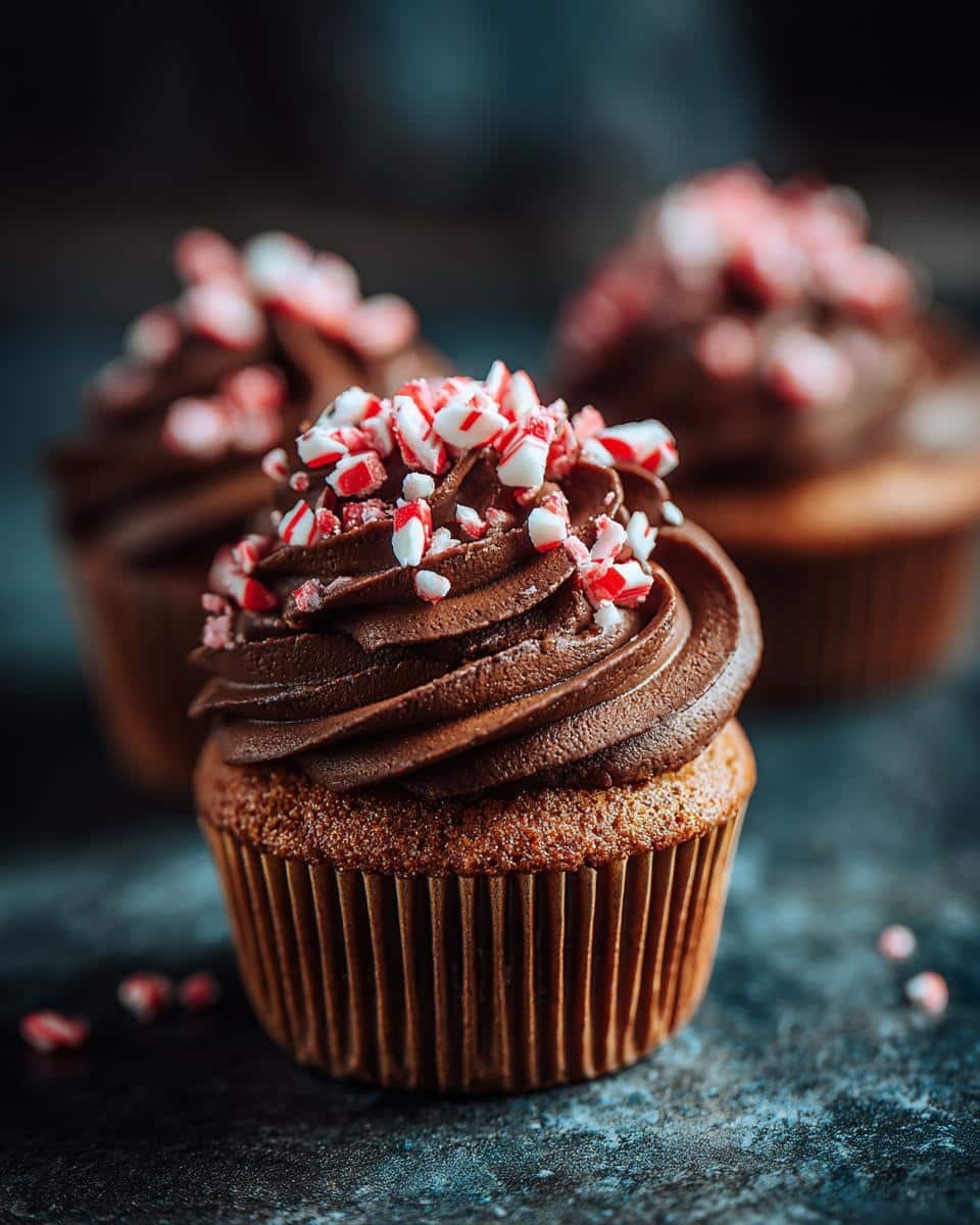 Close-up of a Peppermint Mocha Cupcake topped with rich chocolate frosting and crushed candy canes.
