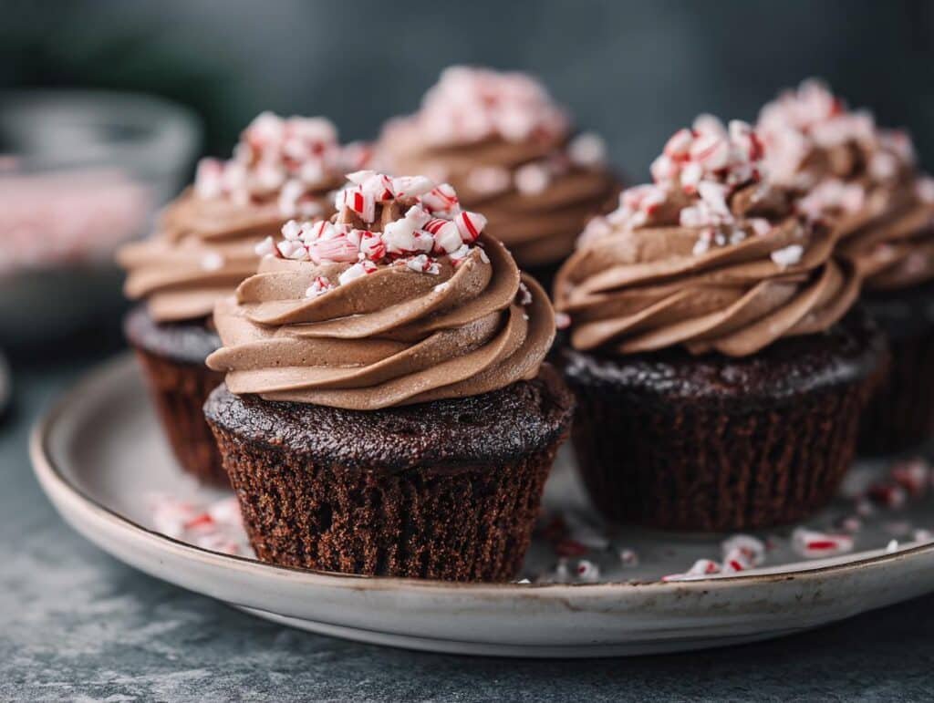 Close-up of chocolate Peppermint Mocha Cupcakes topped with swirled chocolate frosting and crushed candy canes.