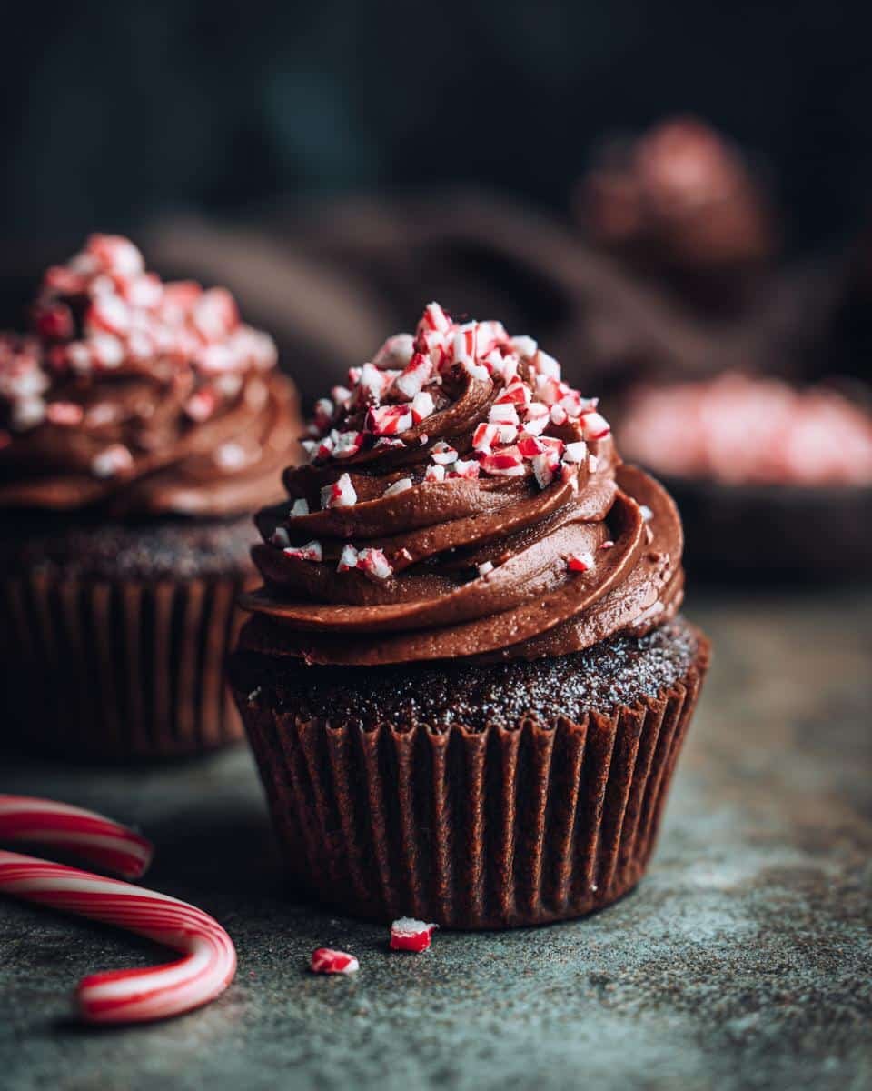 Close-up of a delicious Peppermint Mocha Cupcake topped with chocolate frosting and crushed candy canes.