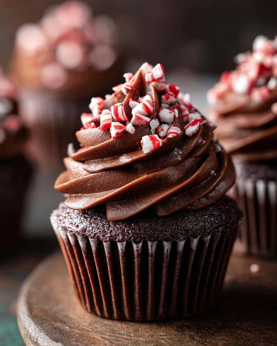Close-up of a rich chocolate Peppermint Mocha Cupcake topped with chocolate frosting and crushed candy canes.