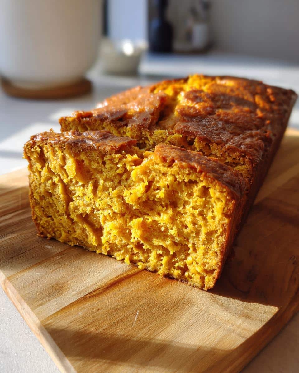 Amazing Pumpkin Bread Pudding: 5 Stars 6 A close-up view of a golden-brown Pumpkin Bread Pudding loaf on a wooden cutting board.
