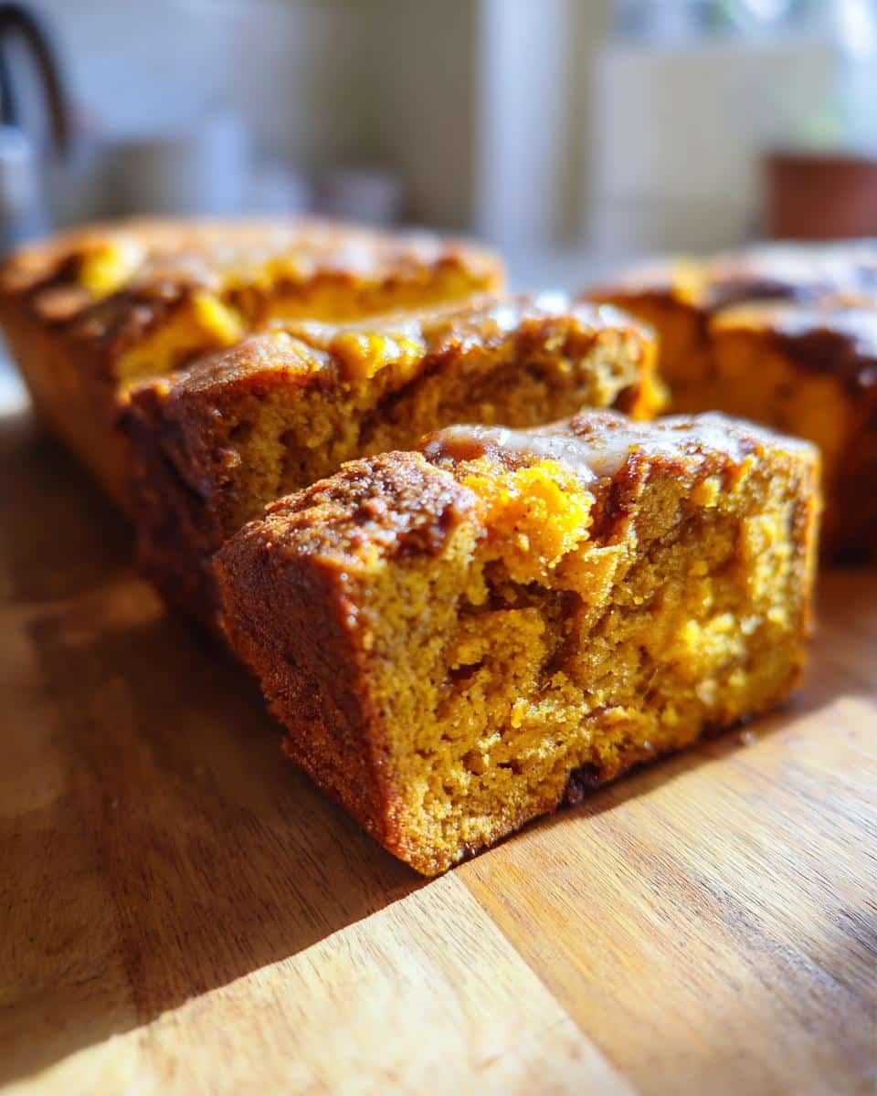 Amazing Pumpkin Bread Pudding: 5 Stars 7 Close-up of a moist Pumpkin Bread Pudding loaf, sliced and drizzled with glaze on a wooden board.
