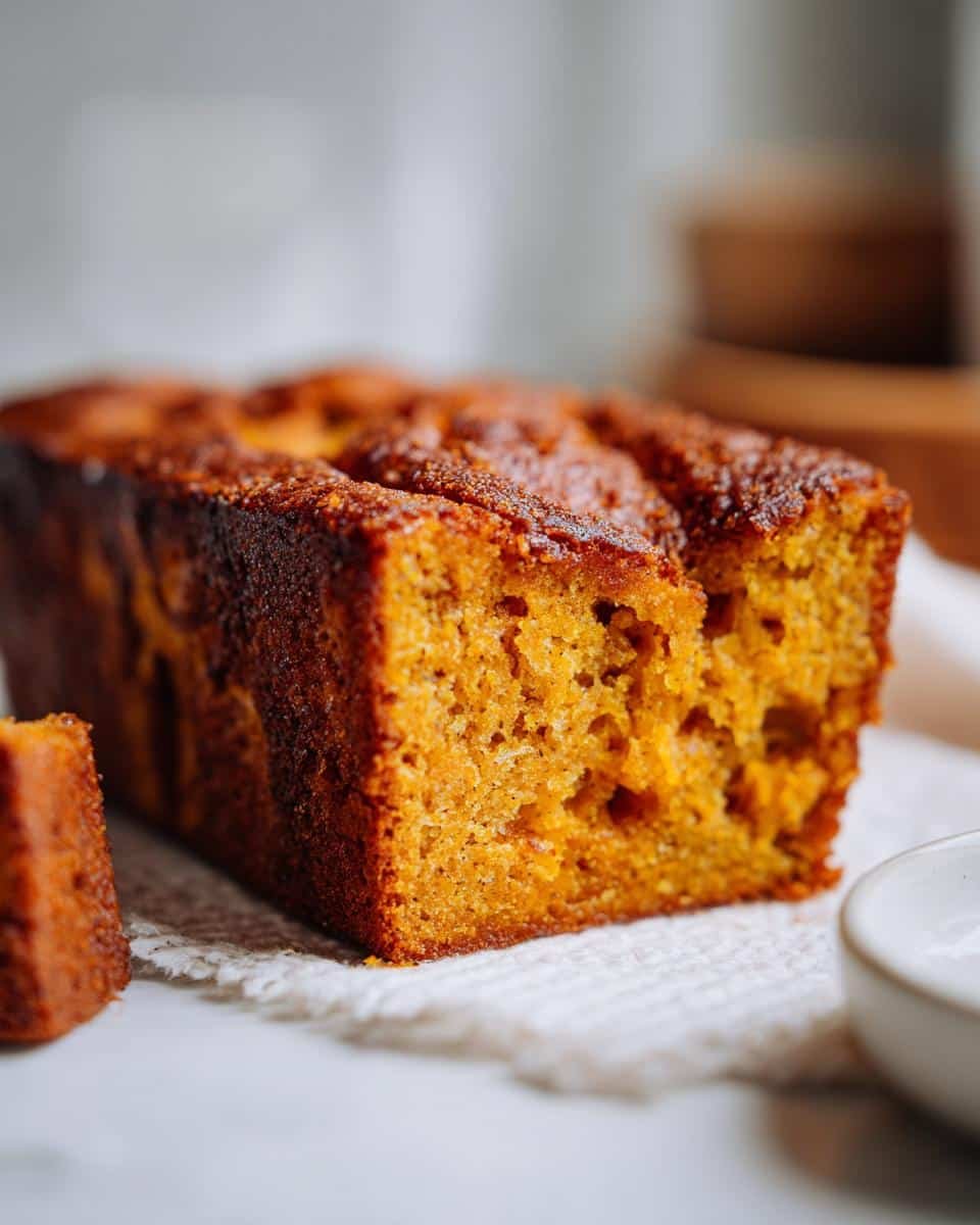 Amazing Pumpkin Bread Pudding: 5 Stars 9 Close-up of a moist Pumpkin Bread Pudding loaf, with a slice cut off and a small bowl of sauce nearby.
