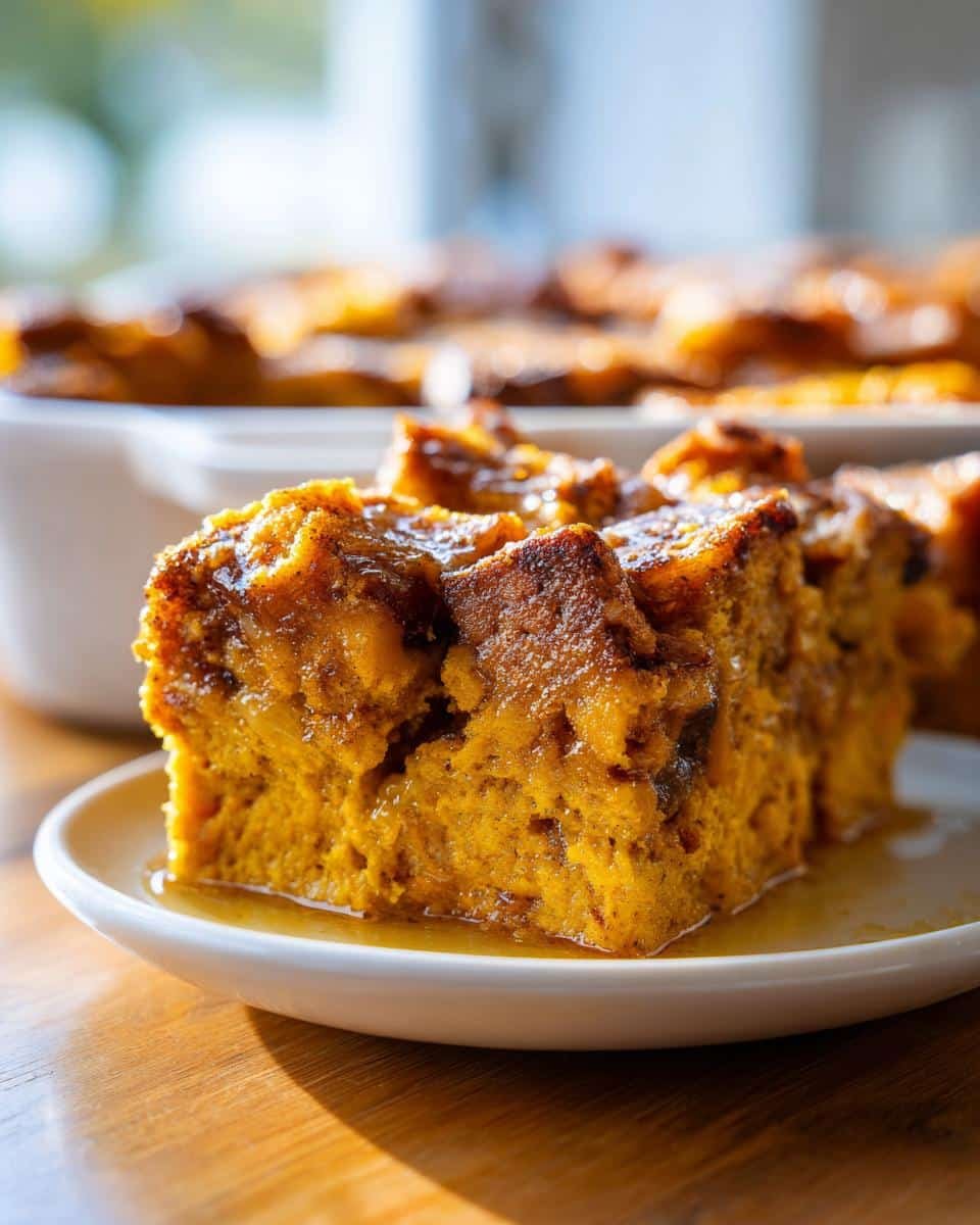 Amazing Pumpkin Bread Pudding: 5 Stars 8 A close-up of a moist slice of Pumpkin Bread Pudding on a white plate, drizzled with syrup.