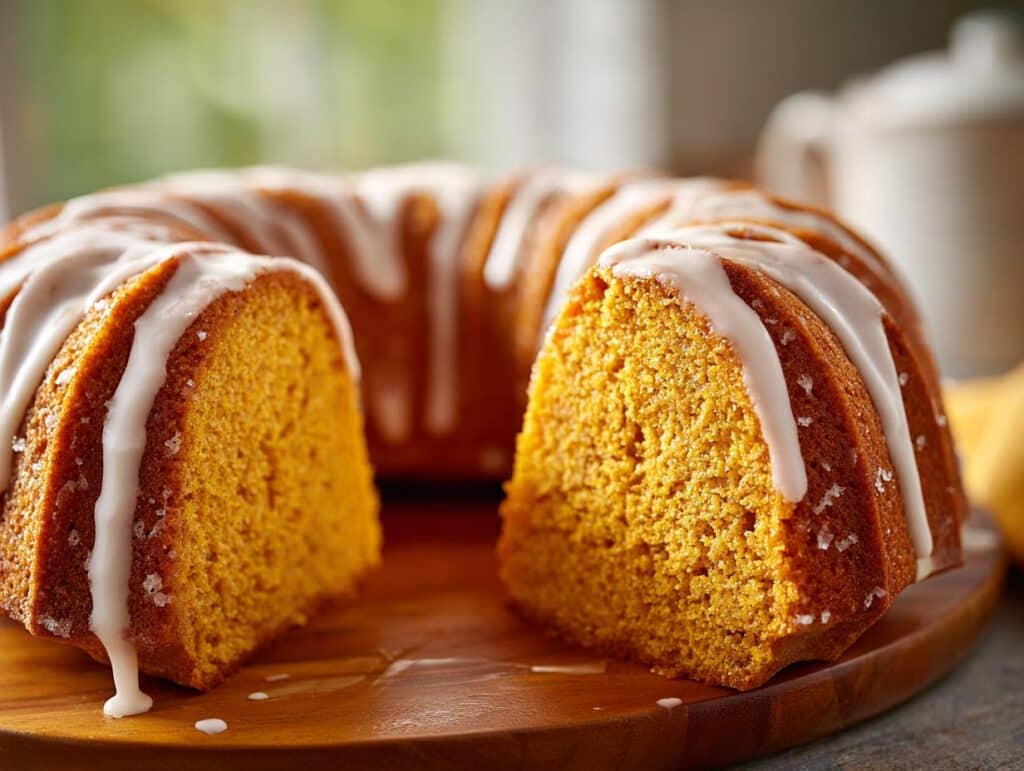 A slice of moist Pumpkin Bundt Cake with a white glaze drizzled over the top, on a wooden board.