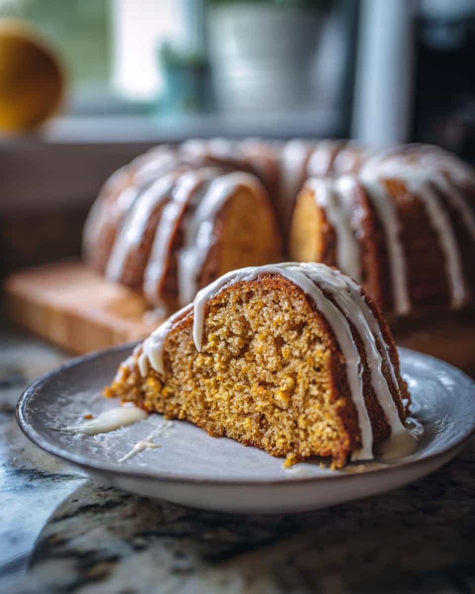 Amazing Pumpkin Bundt Cake: 50-60 Min Bake 8 A close-up of a slice of moist Pumpkin Bundt Cake drizzled with white icing on a plate.