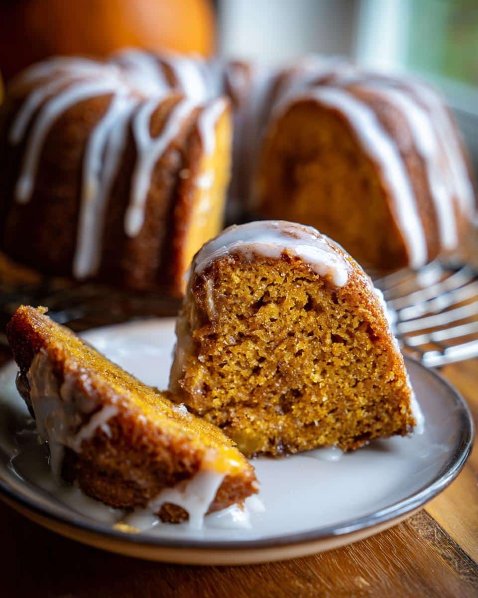 Amazing Pumpkin Bundt Cake: 50-60 Min Bake 6 A slice of moist Pumpkin Bundt Cake topped with a sweet white glaze, served on a plate.