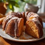 A slice of moist Pumpkin Bundt Cake drizzled with a creamy glaze, showcasing its rich texture.
