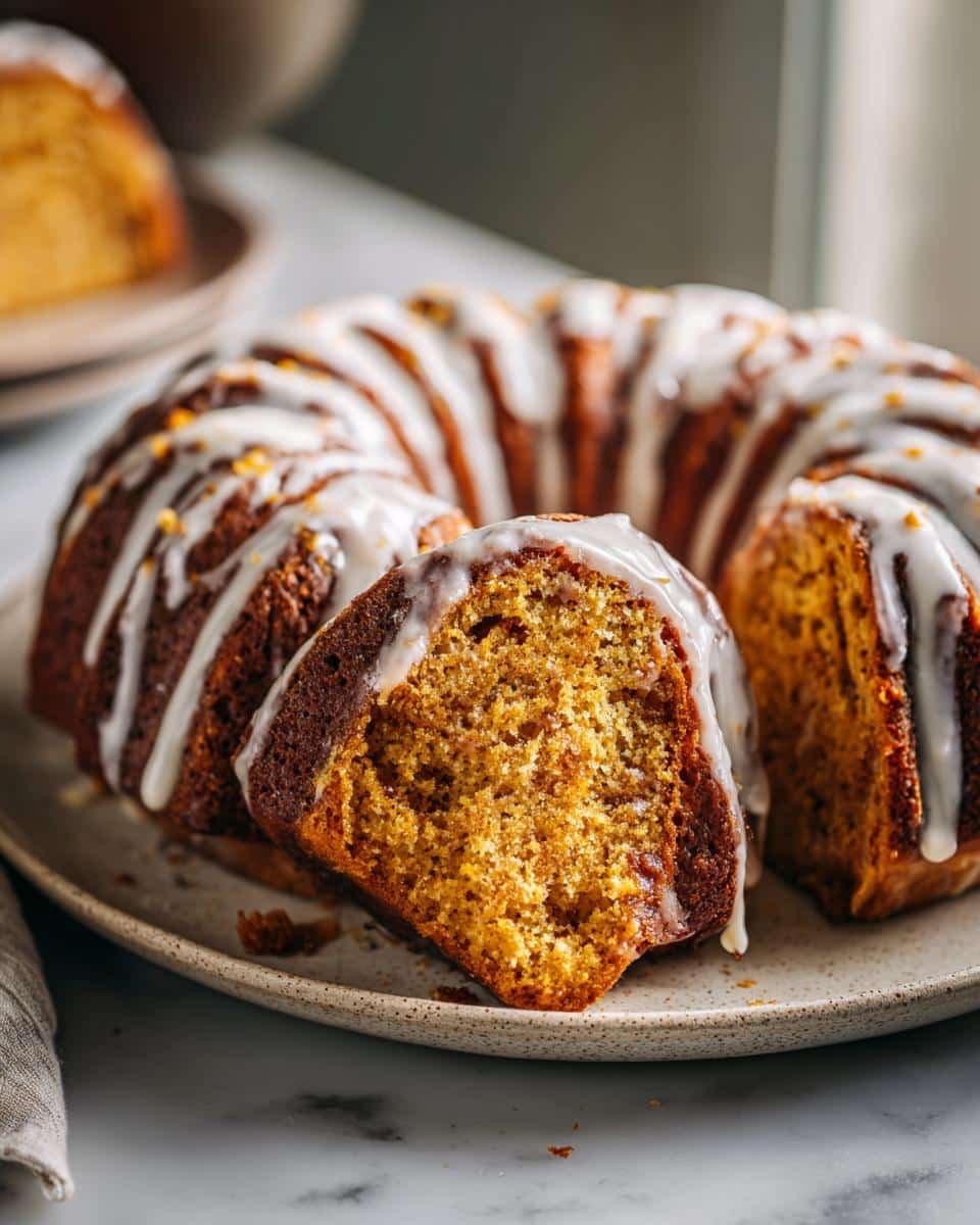 Amazing Pumpkin Bundt Cake: 50-60 Min Bake 7 A slice of moist Pumpkin Bundt Cake with a white glaze and orange zest sprinkled on top.