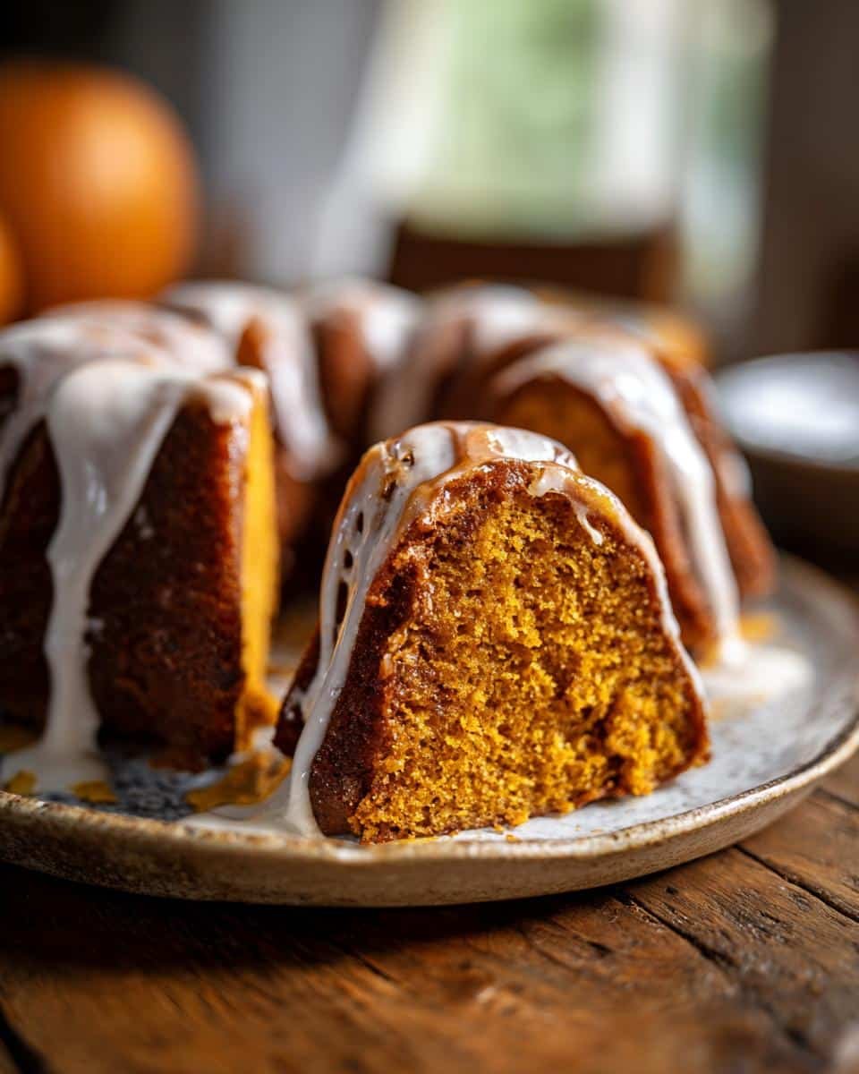 Amazing Pumpkin Bundt Cake: 50-60 Min Bake 9 A slice of moist Pumpkin Bundt Cake with a creamy white glaze drizzled over it, on a rustic plate.