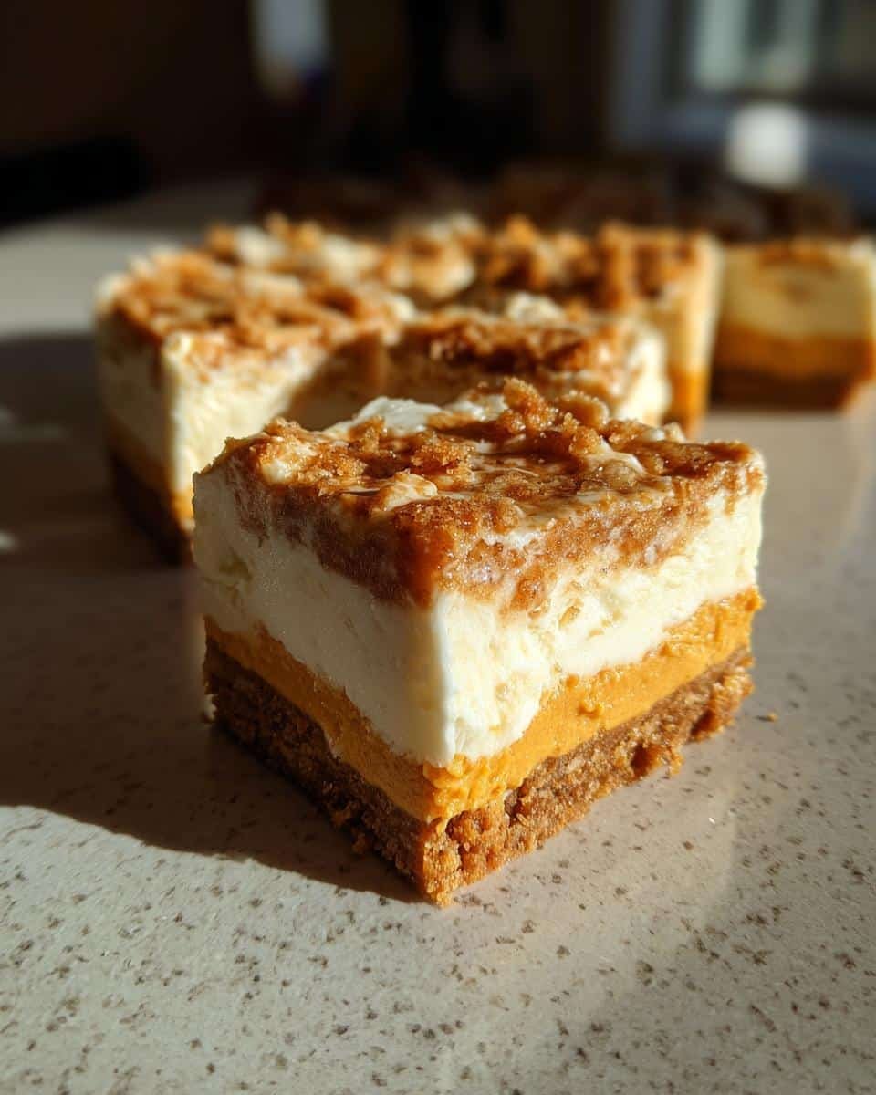 Amazing Pumpkin Cheesecake Bars: 100% Delicious 8 A close-up of a delicious Pumpkin Cheesecake Bar, showing layers of graham cracker crust, pumpkin filling, and creamy cheesecake topping.