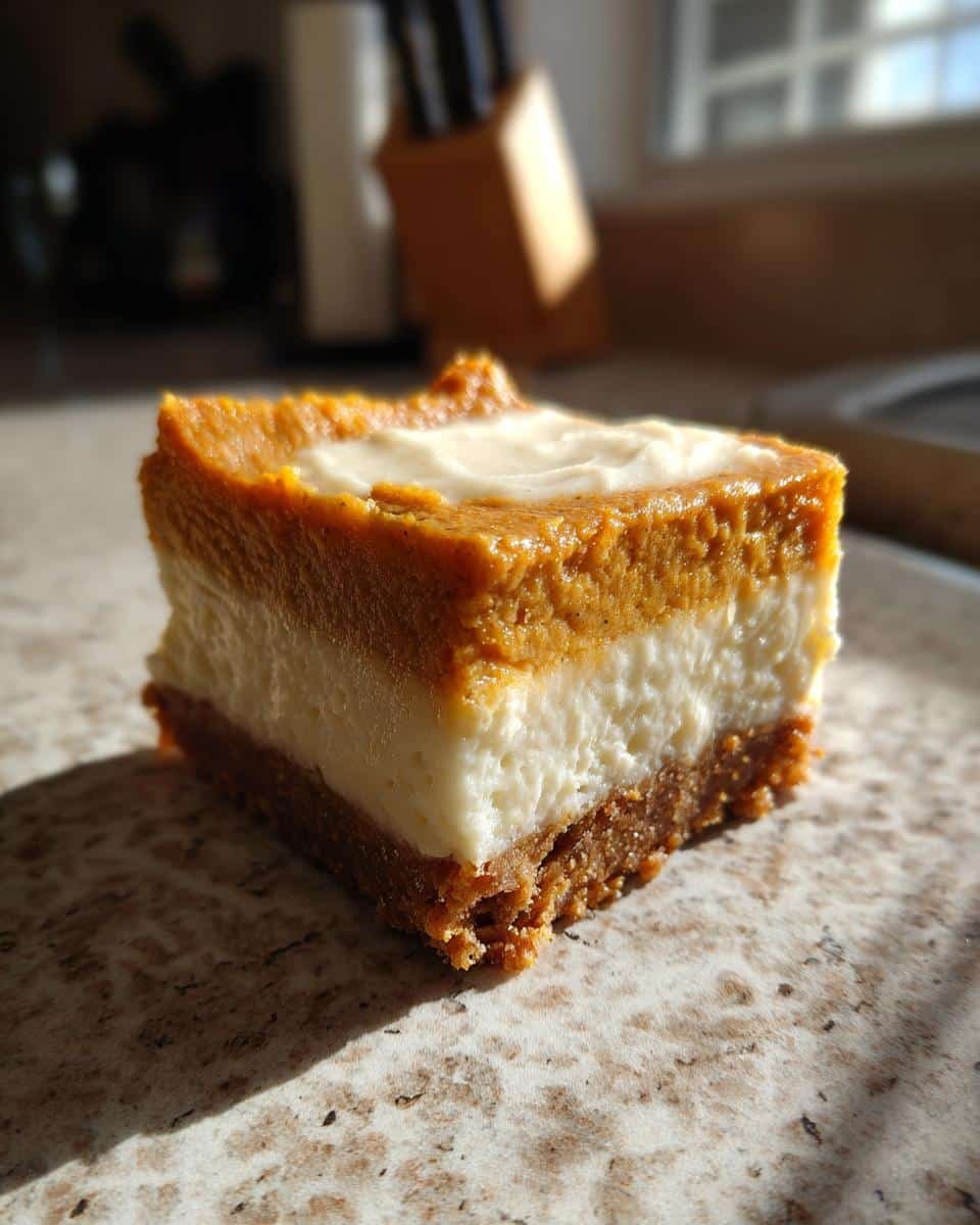Amazing Pumpkin Cheesecake Bars: 100% Delicious 6 A close-up of a single Pumpkin Cheesecake Bar, showing its distinct layers of crust, cheesecake, and pumpkin topping.