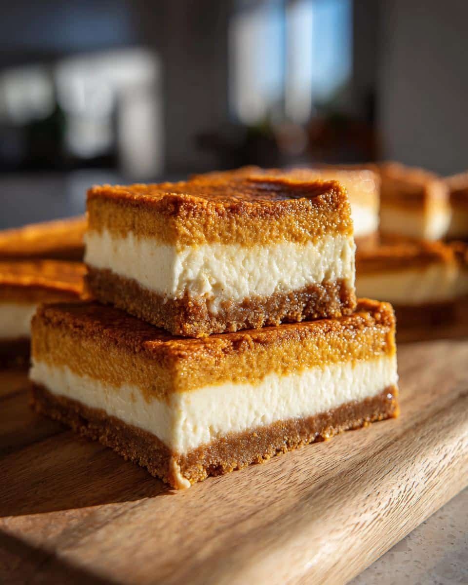 Amazing Pumpkin Cheesecake Bars: 100% Delicious 9 A close-up stack of two Pumpkin Cheesecake Bars, showcasing the distinct layers of crust, creamy filling, and pumpkin topping.