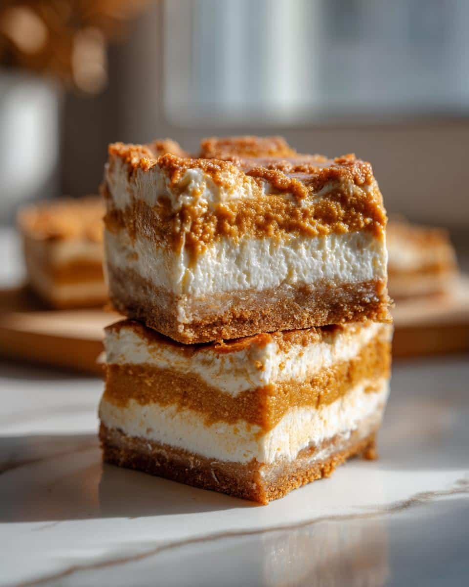 Amazing Pumpkin Cheesecake Bars: 100% Delicious 7 Two stacked Pumpkin Cheesecake Bars showing layers of creamy white cheesecake and spiced pumpkin filling with a graham cracker crust.