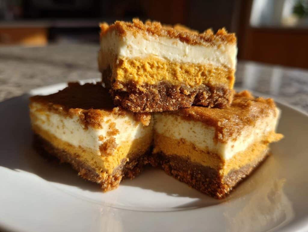 Three stacked Pumpkin Cheesecake Bars on a white plate, showcasing layers of crust, pumpkin, and cream cheese.
