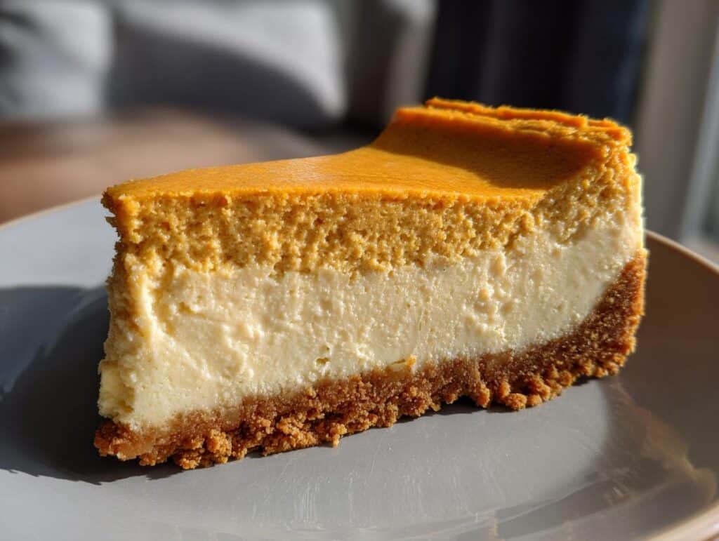 A perfectly baked slice of pumpkin cheesecake with a graham cracker crust and creamy filling.