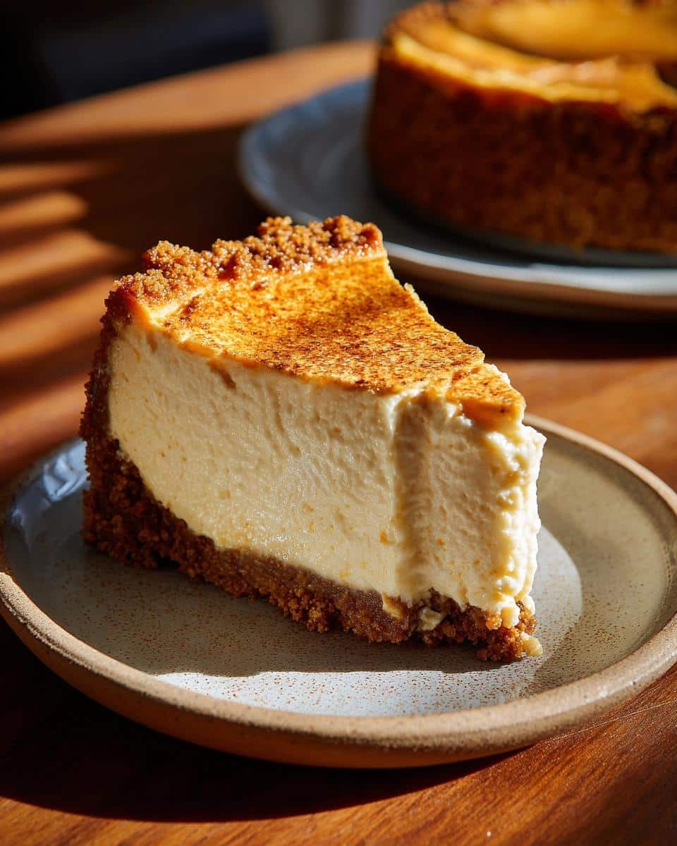 Divine Pumpkin Cheesecake: 10 Steps to Perfection 9 A perfect slice of creamy Pumpkin Cheesecake with a graham cracker crust, dusted with cinnamon.