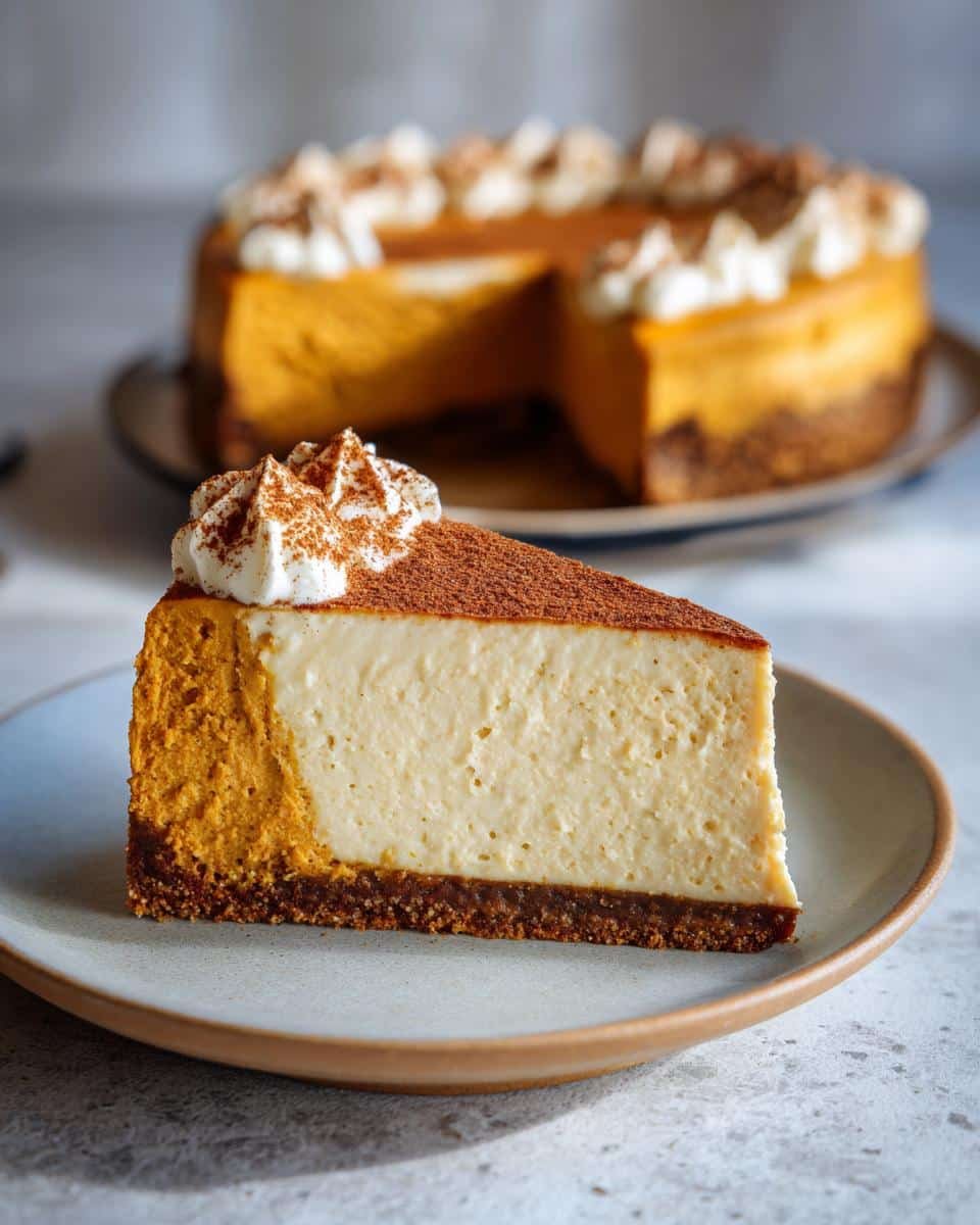 Divine Pumpkin Cheesecake: 10 Steps to Perfection 7 A perfect slice of Pumpkin Cheesecake on a plate, topped with whipped cream and cocoa powder.