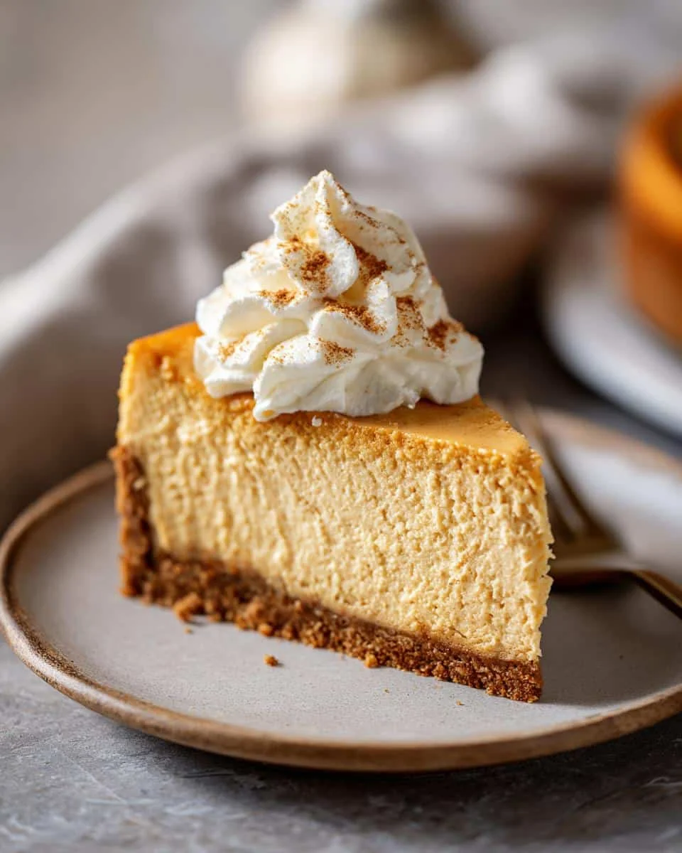 Divine Pumpkin Cheesecake: 10 Steps to Perfection 8 A perfect slice of creamy Pumpkin Cheesecake topped with whipped cream and a sprinkle of cinnamon.